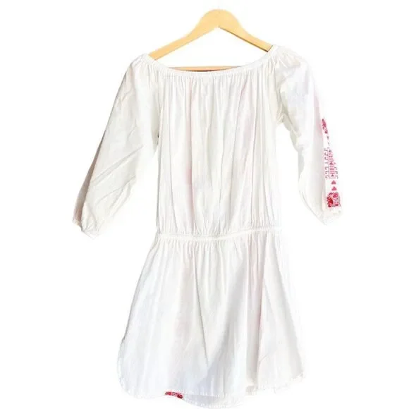 Pampelone Bardot White Red Embroidered Off the Shoulder Tunic Dress Cover Up - Picture 9 of 11